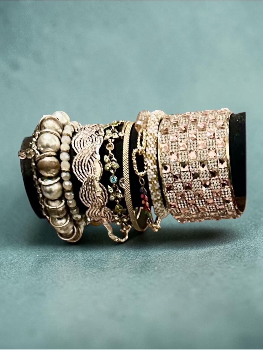 Mixed Metal Rose Gold Bracelet Stack Boho Layered Beaded Cuff Statement Jewelry